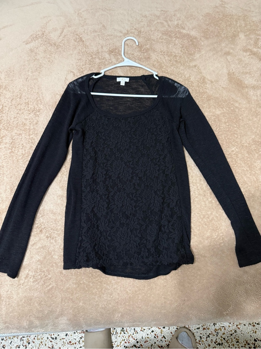 Skies Are Blue Black Lace Panel Knit Blouse Top Long Sleeve Small MTB499C